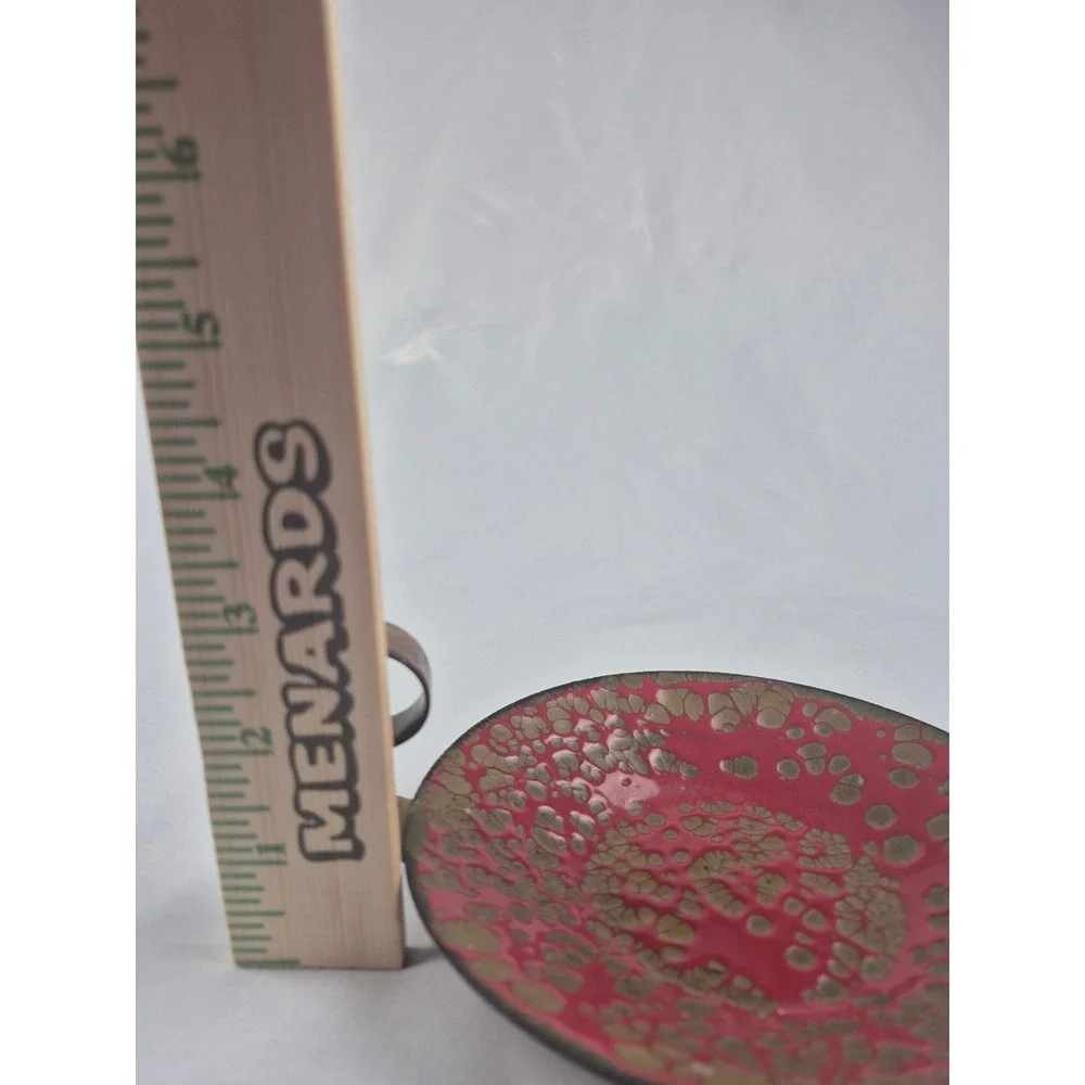 Vintage MCM Enamel Copper Candle Holder Red Gold Lava Glaze Chamberstick 4.5